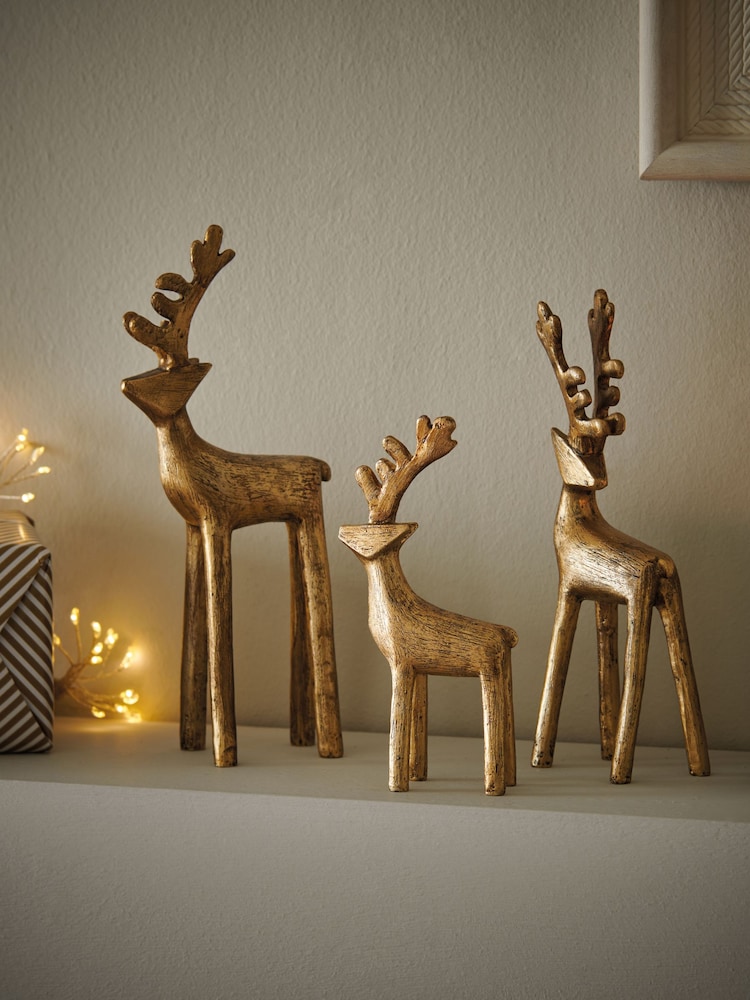 Set of 3 Gold Christmas Stag Ornaments - Image 1 of 5