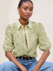 Lipsy Green 3D Fabric Puff Sleeve Shirt - Image 1 of 4