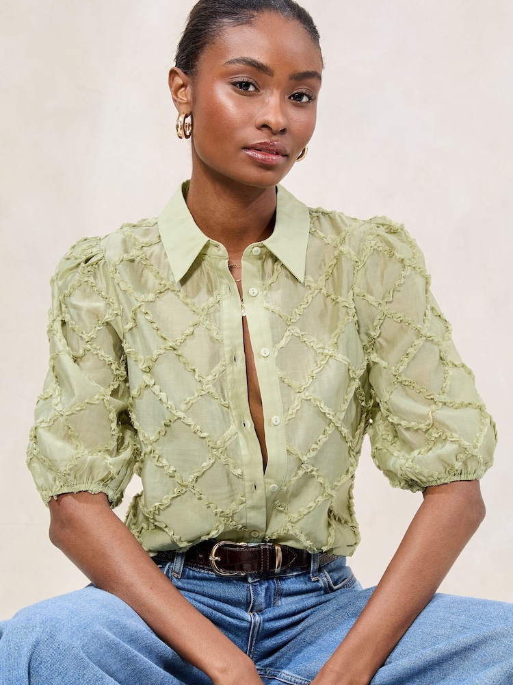 Lipsy Green 3D Fabric Puff Sleeve Shirt - Image 1 of 4