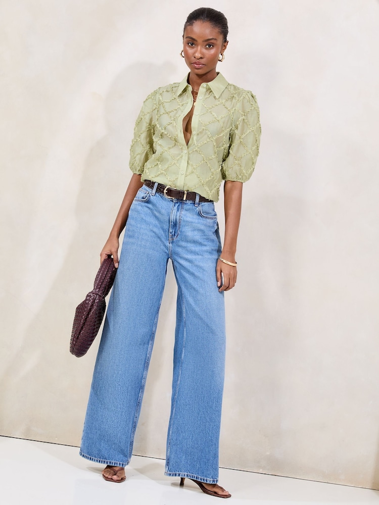 Lipsy Green 3D Fabric Puff Sleeve Shirt - Image 3 of 4