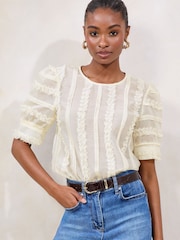 Lipsy Cream Puff Sleeve 3D Detail T-Shirt - Image 1 of 4