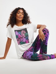 JD Williams White Floral Print Graphic T-Shirt Pyjamas Set - Image 1 of 4