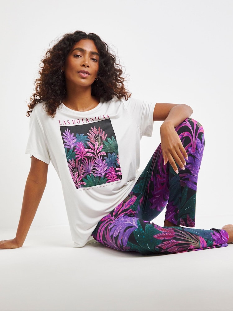 JD Williams White Floral Print Graphic T-Shirt Pyjamas Set - Image 1 of 4