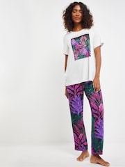 JD Williams White Floral Print Graphic T-Shirt Pyjamas Set - Image 4 of 4