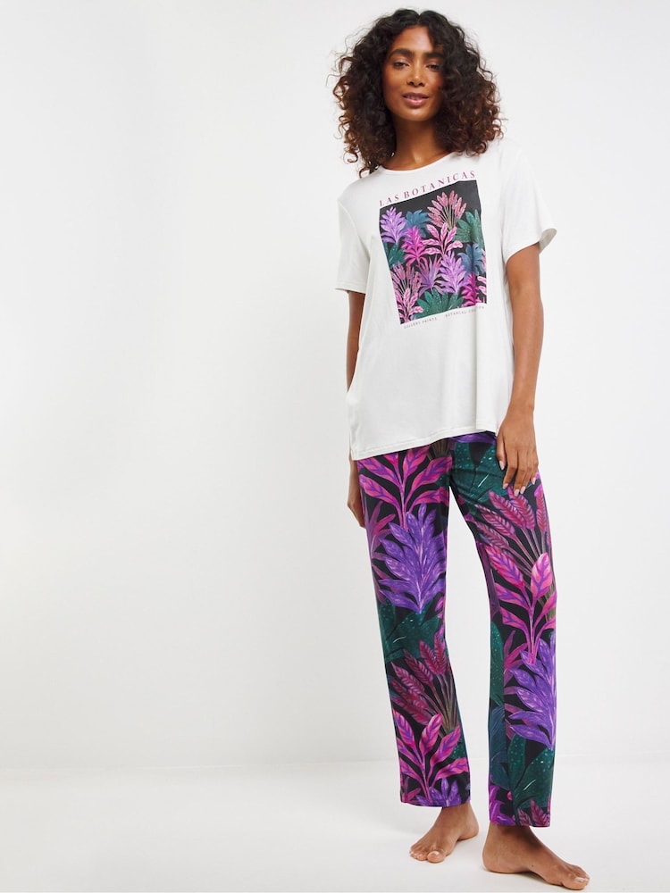 JD Williams White Floral Print Graphic T-Shirt Pyjamas Set - Image 4 of 4