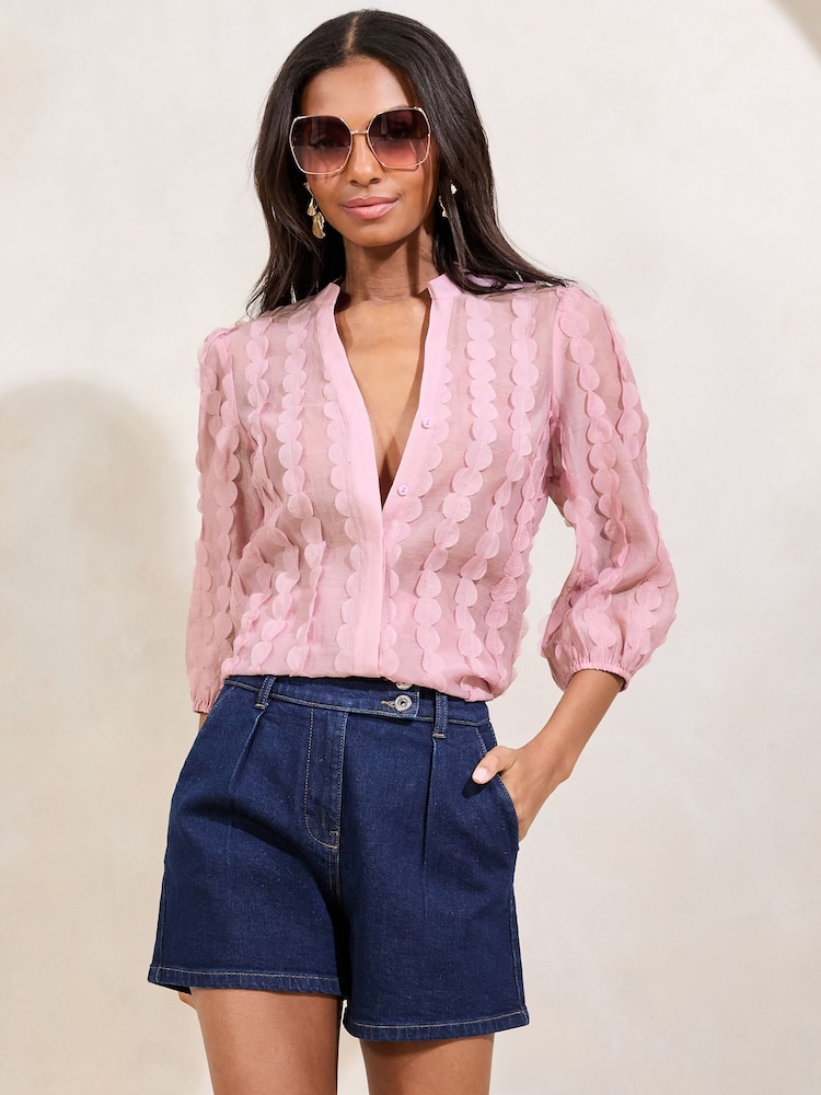 Lipsy Pink 3D Fabric Grandad Collar Short Sleeve Shirt - Image 1 of 4