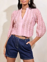 Lipsy Pink 3D Fabric Grandad Collar Short Sleeve Shirt - Image 2 of 4