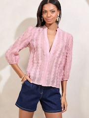 Lipsy Pink 3D Fabric Grandad Collar Short Sleeve Shirt - Image 3 of 4