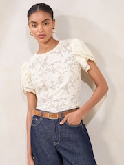 Lipsy Cream Burnout Tulip Sleeve Top - Image 1 of 5