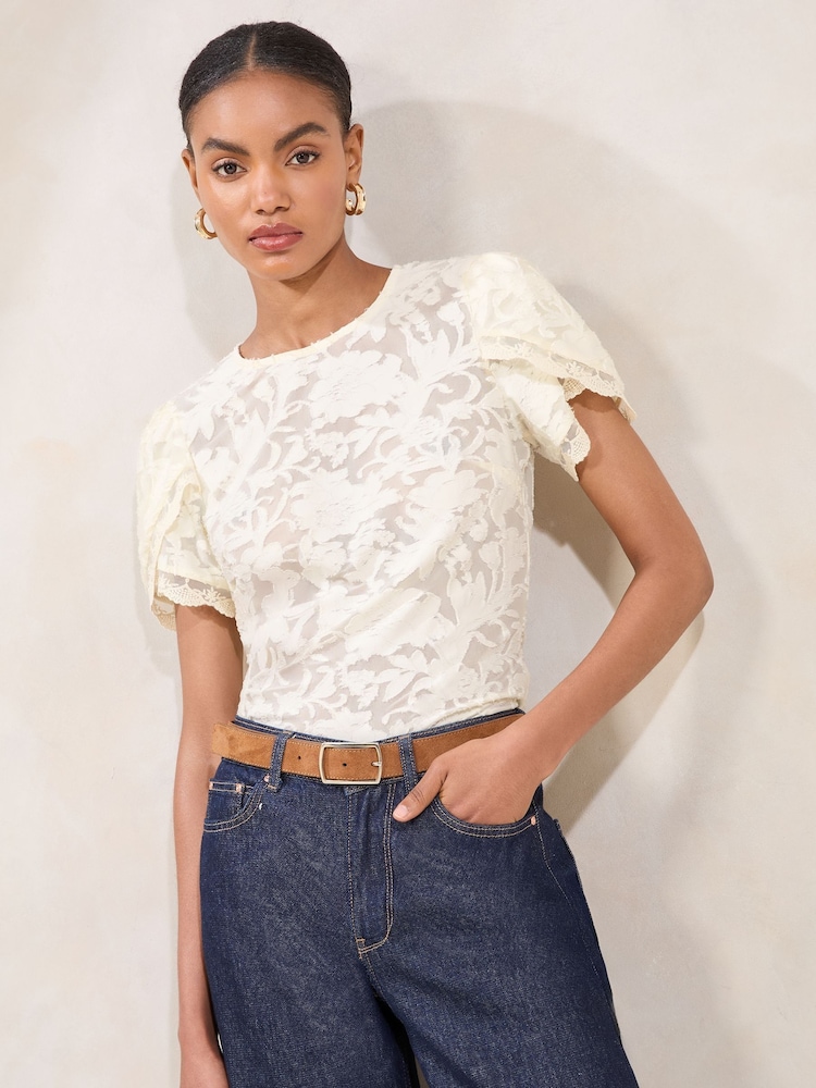 Lipsy Cream Burnout Tulip Sleeve Top - Image 1 of 5 Lipsy Cream Burnout Tulip Sleeve Top - Image 1 of 5
