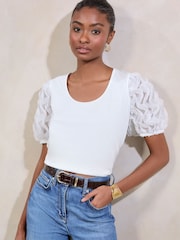 Lipsy White 3D Fabric Puff Sleeve T-Shirt - Image 1 of 4