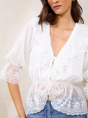 Lipsy Ivory Lace Dobby Ruffle Tie Detail Blouse - Image 3 of 4