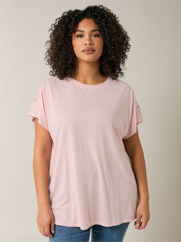 Evans Pink Crochet Shoulder T-Shirt - Image 1 of 5
