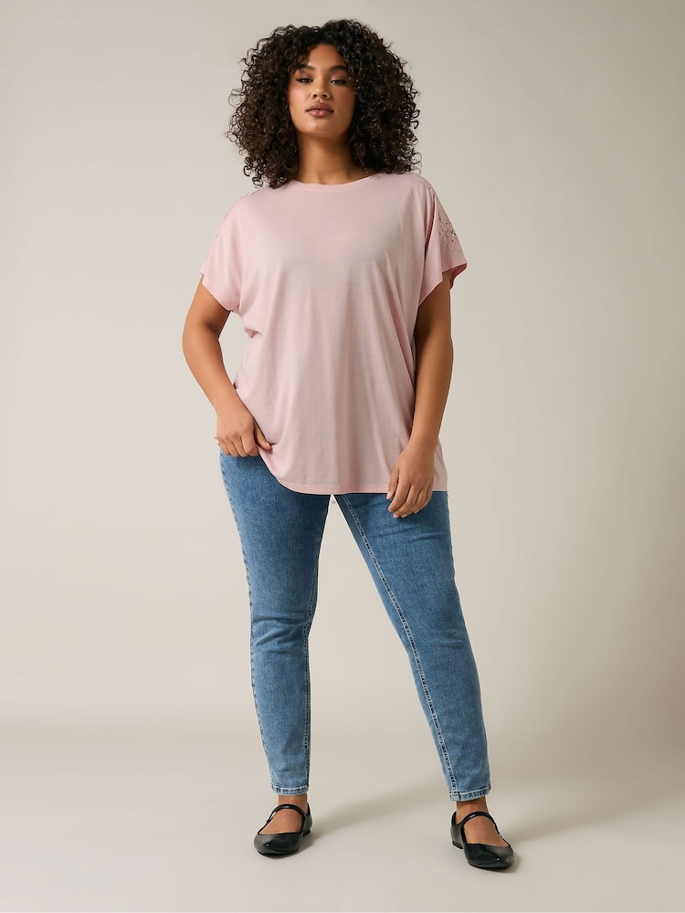 Evans Pink Crochet Shoulder T-Shirt - Image 2 of 5