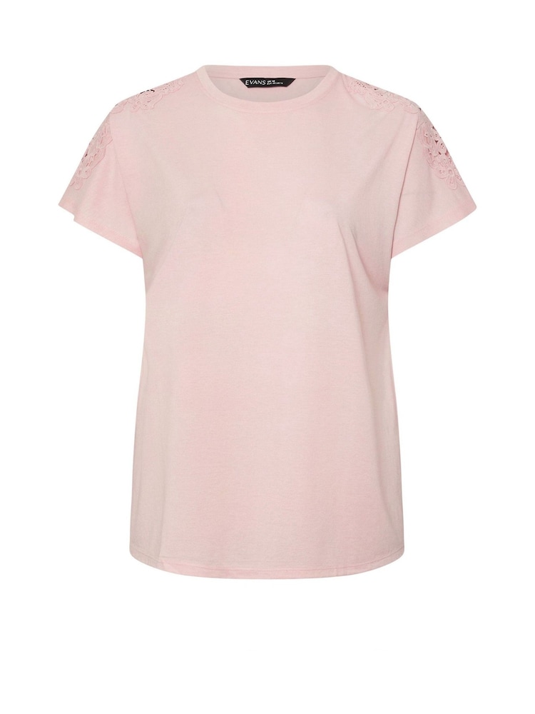 Evans Pink Crochet Shoulder T-Shirt - Image 5 of 5