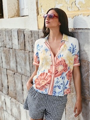 Multicoloured Floral Print Short Sleeve Button Down Resort Shirt With Linen - Image 1 of 9