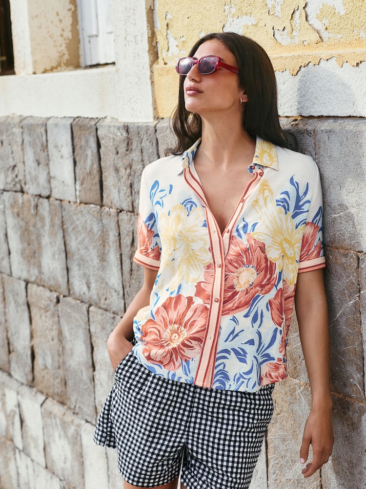 Multicoloured Floral Print Short Sleeve Button Down Resort Shirt With Linen - Image 1 of 9