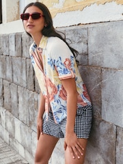 Multicoloured Floral Print Short Sleeve Button Down Resort Shirt With Linen - Image 2 of 9
