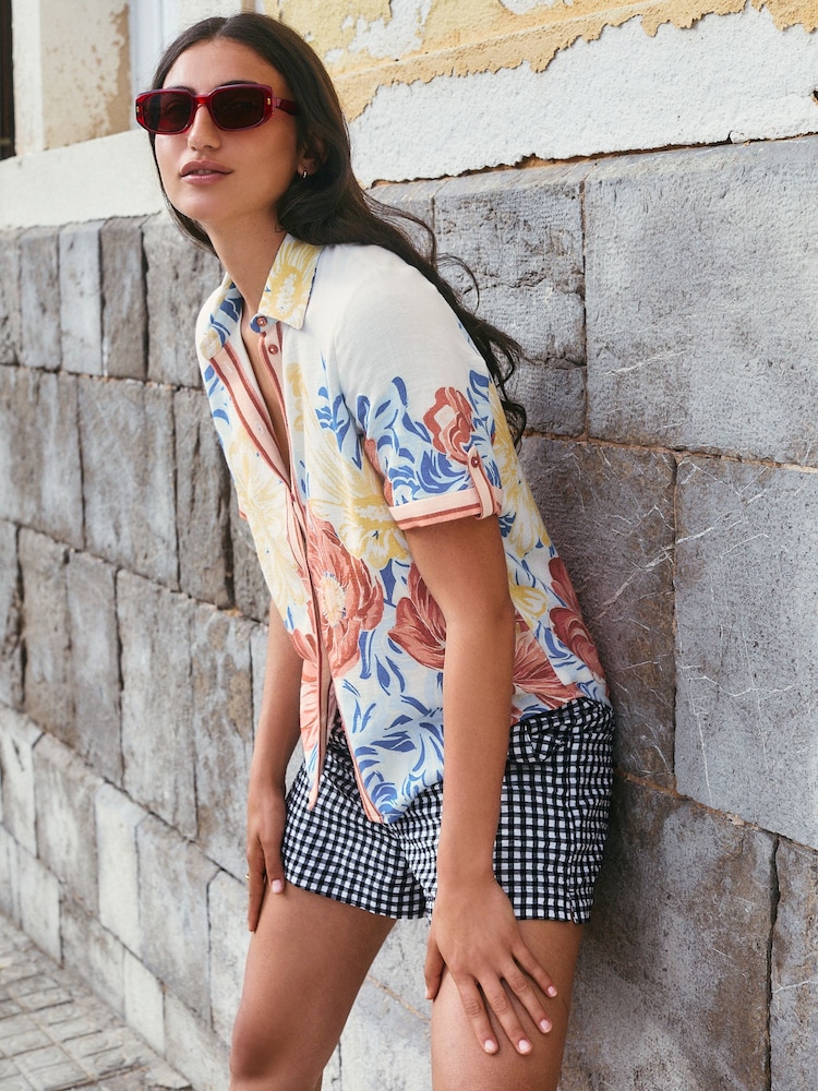 Multicoloured Floral Print Short Sleeve Button Down Resort Shirt With Linen - Image 2 of 9