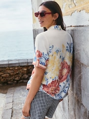Multicoloured Floral Print Short Sleeve Button Down Resort Shirt With Linen - Image 3 of 9