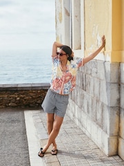 Multicoloured Floral Print Short Sleeve Button Down Resort Shirt With Linen - Image 4 of 9