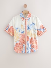 Multicoloured Floral Print Short Sleeve Button Down Resort Shirt With Linen - Image 7 of 9