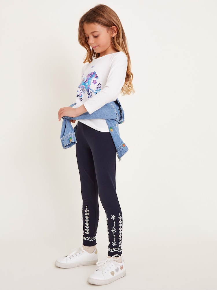 Monsoon Blue Sequin Broderie Leggings - Image 1 of 4 Monsoon Blue Sequin Broderie Leggings - Image 1 of 4