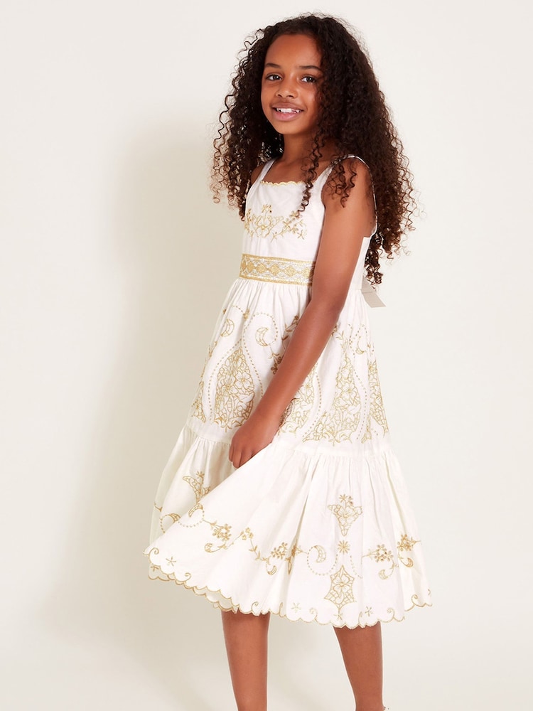 Monsoon Natural Gold Floral Print Embroidered Dress - Image 1 of 4