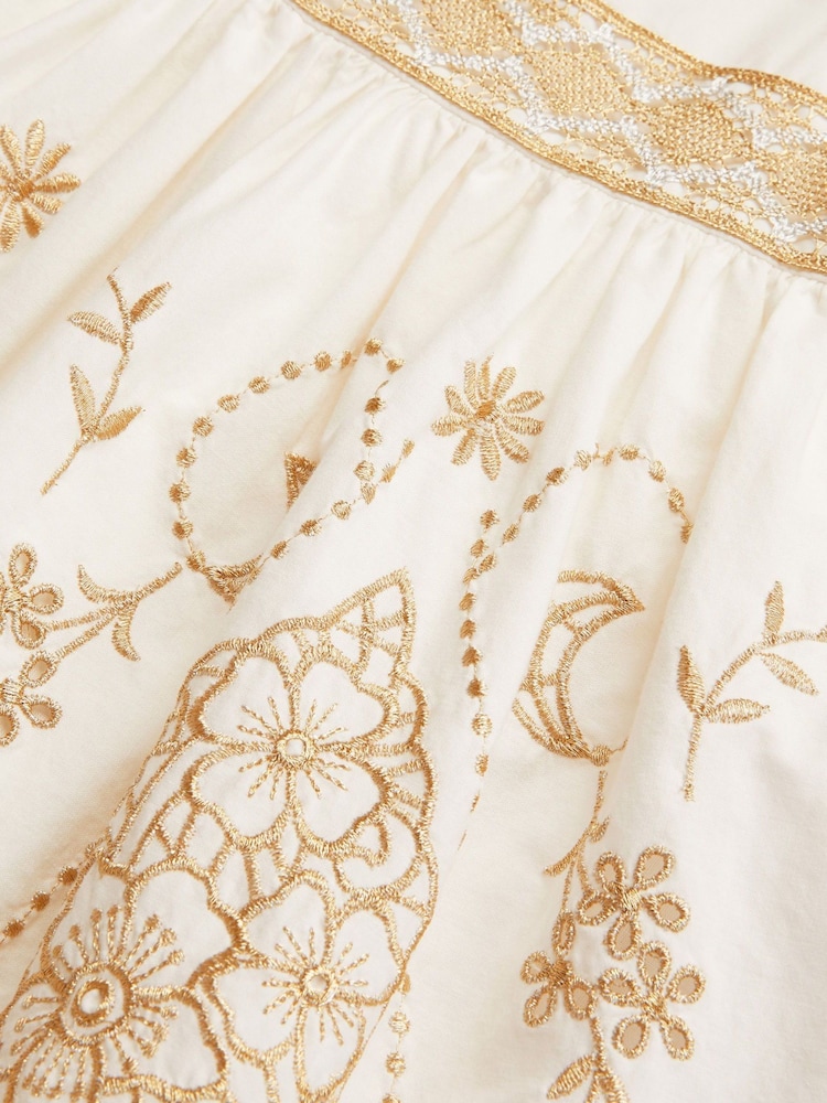 Monsoon Natural Gold Floral Print Embroidered Dress - Image 4 of 4