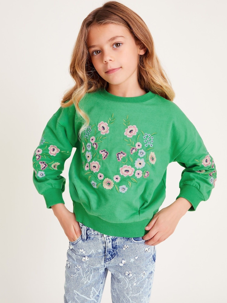Monsoon Green Floral Print Embroidered Sweatshirt - Image 1 of 4