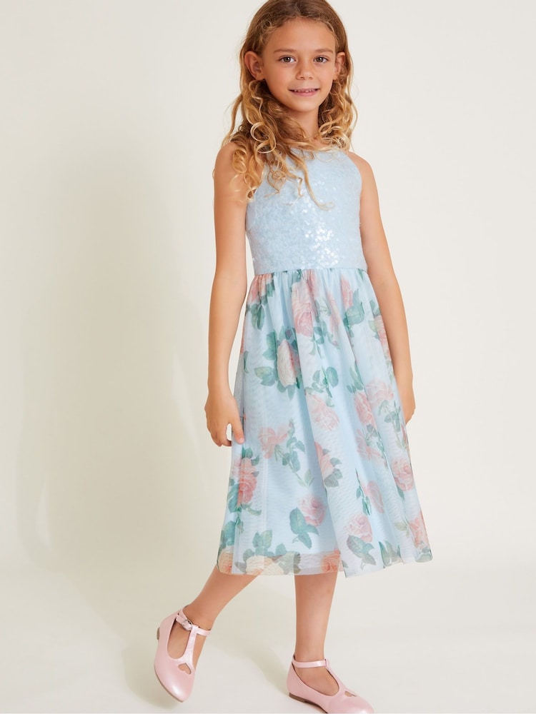 Monsoon Blue Truth Sequin Floral Print Tulle Dress - Image 1 of 1