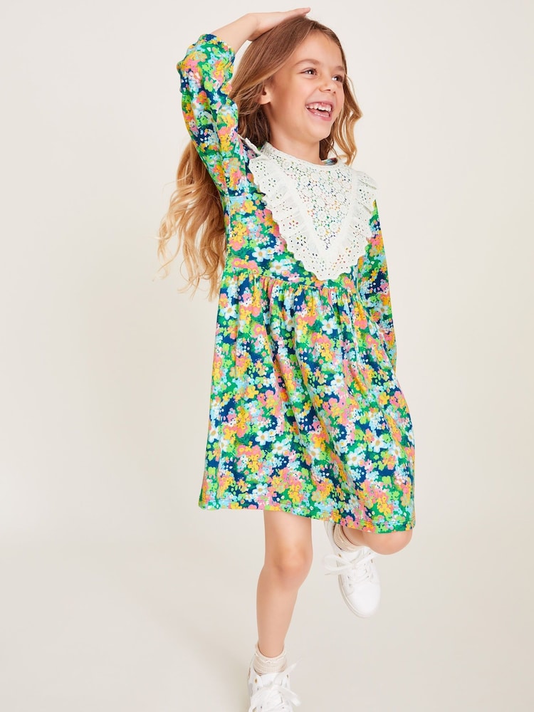 Monsoon Green Long Sleeve Floral Print Yoke Dress - Image 1 of 2