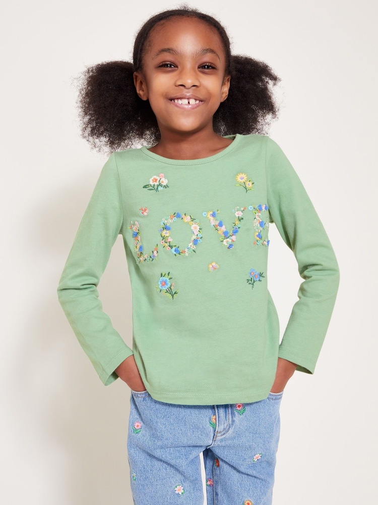 Monsoon Green Floral Love 100% Cotton Embroidered Long Sleeve Top - Image 1 of 4