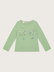 Monsoon Green Floral Love 100% Cotton Embroidered Long Sleeve Top - Image 2 of 4