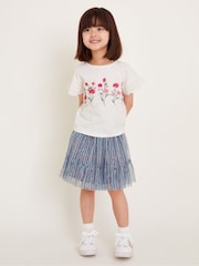 Monsoon Blue Floral Print T-Shirt and Tulle Skirt Set - Image 1 of 4