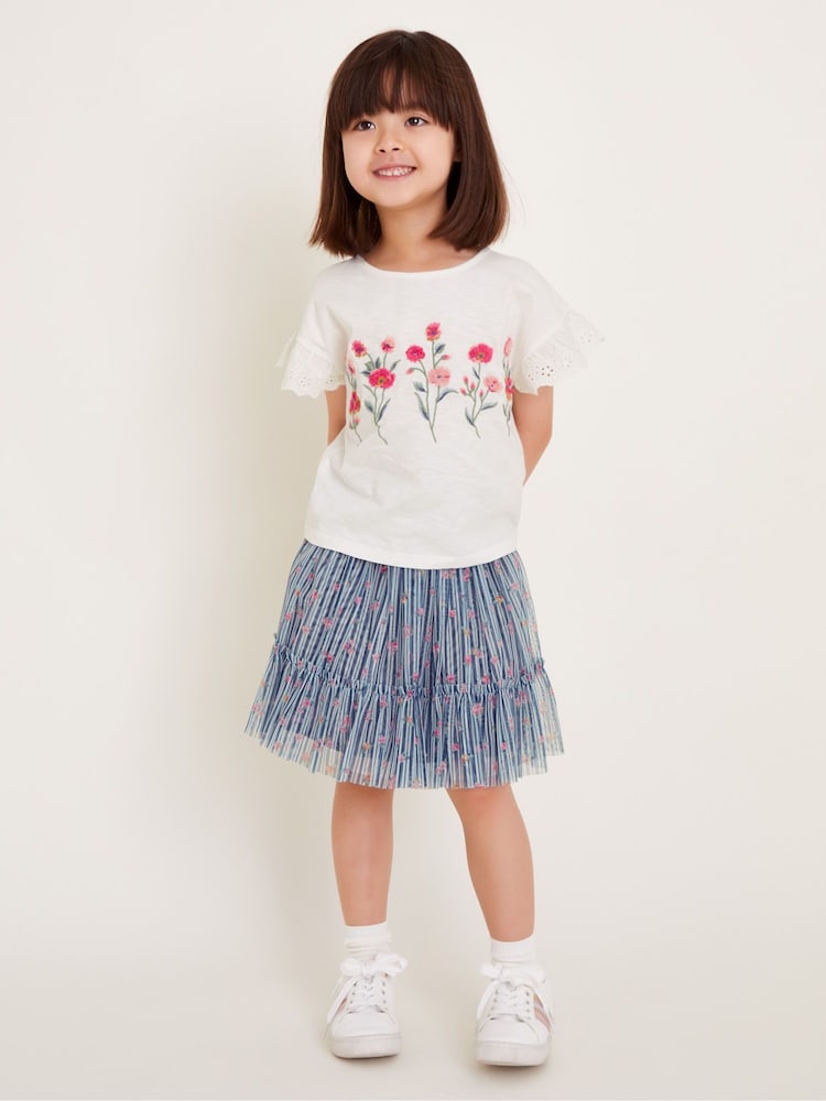 Monsoon Blue Floral Print T-Shirt and Tulle Skirt Set - Image 1 of 4