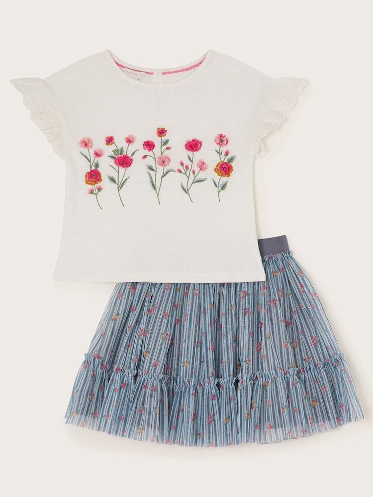 Monsoon Blue Floral Print T-Shirt and Tulle Skirt Set - Image 2 of 4
