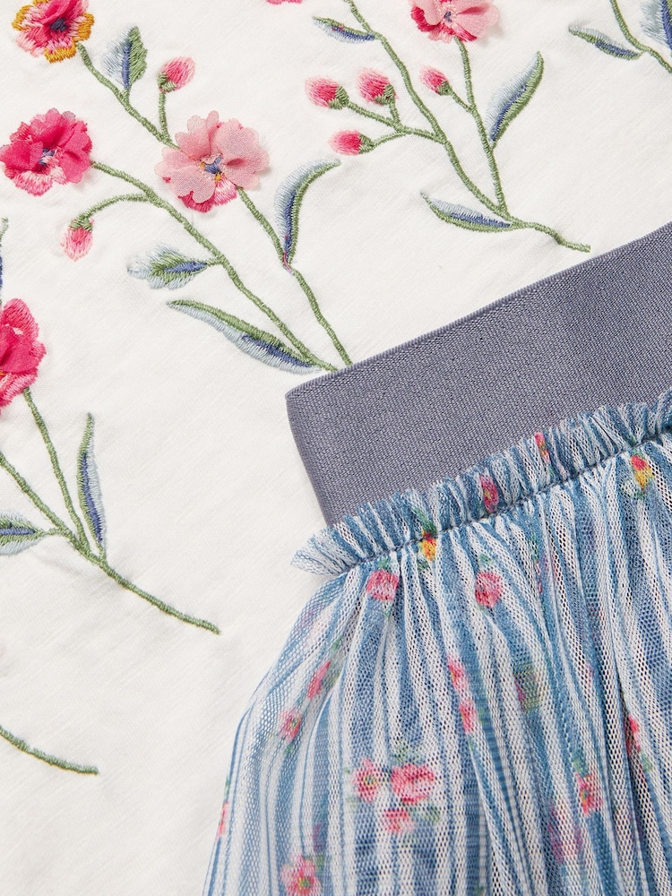Monsoon Blue Floral Print T-Shirt and Tulle Skirt Set - Image 4 of 4