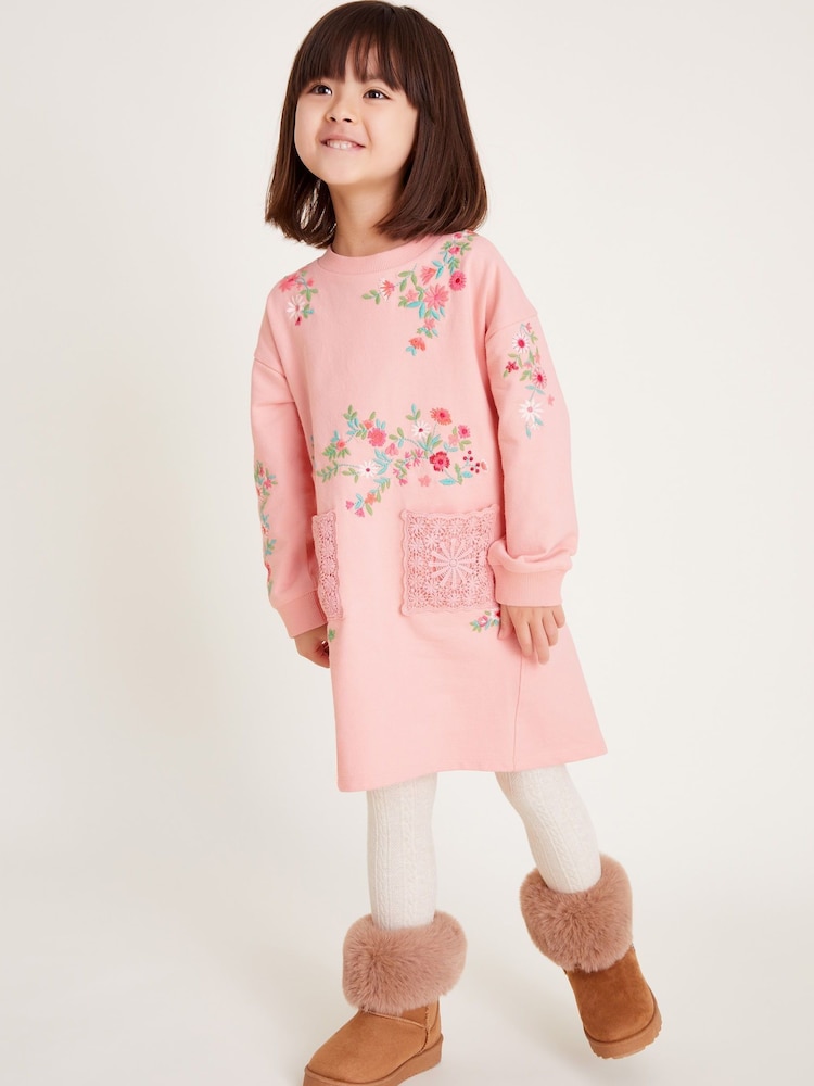 Monsoon Pink Floral Print Embroidered Sweatshirt 100% Cotton Dress - Image 1 of 4 Monsoon Pink Floral Print Embroidered Sweatshirt 100% Cotton Dress - Image 1 of 4