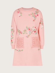 Monsoon Pink Floral Print Embroidered Sweatshirt 100% Cotton Dress - Image 2 of 4