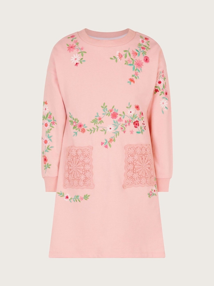 Monsoon Pink Floral Print Embroidered Sweatshirt 100% Cotton Dress - Image 2 of 4 Monsoon Pink Floral Print Embroidered Sweatshirt 100% Cotton Dress - Image 2 of 4