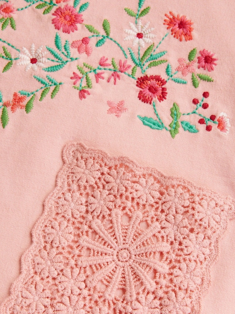 Monsoon Pink Floral Print Embroidered Sweatshirt 100% Cotton Dress - Image 4 of 4 Monsoon Pink Floral Print Embroidered Sweatshirt 100% Cotton Dress - Image 4 of 4