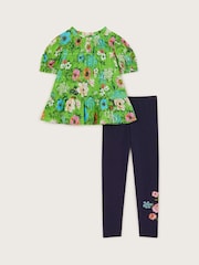 Monsoon Green Floral Print Tiered 100% Cotton Blouse and Leggings Set - Image 2 of 4