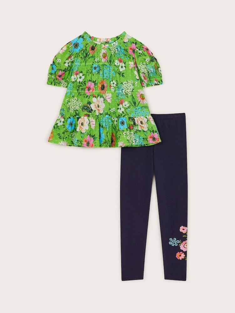 Monsoon Green Floral Print Tiered 100% Cotton Blouse and Leggings Set - Image 2 of 4