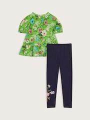Monsoon Green Floral Print Tiered 100% Cotton Blouse and Leggings Set - Image 3 of 4