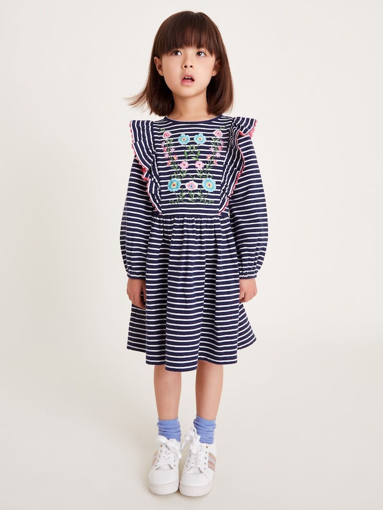 Monsoon Blue Floral Print Embroidered Stripe Ruffle 100% Cotton Dress - Image 1 of 3 Monsoon Blue Floral Print Embroidered Stripe Ruffle 100% Cotton Dress - Image 1 of 3