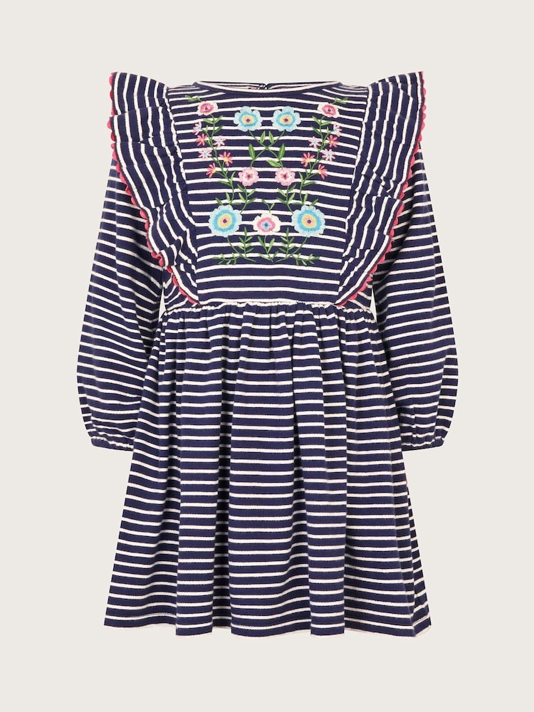 Monsoon Blue Floral Print Embroidered Stripe Ruffle 100% Cotton Dress - Image 2 of 3 Monsoon Blue Floral Print Embroidered Stripe Ruffle 100% Cotton Dress - Image 2 of 3