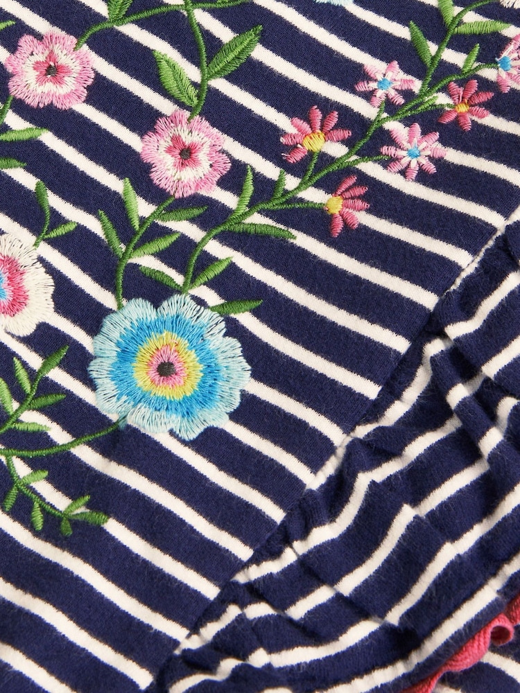 Monsoon Blue Floral Print Embroidered Stripe Ruffle 100% Cotton Dress - Image 3 of 3 Monsoon Blue Floral Print Embroidered Stripe Ruffle 100% Cotton Dress - Image 3 of 3