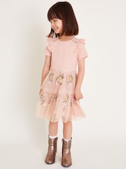 Monsoon Pink Short Sleeve Floral Print Embroidered Tulle Dress - Image 1 of 4
