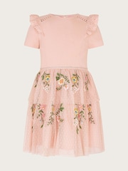 Monsoon Pink Short Sleeve Floral Print Embroidered Tulle Dress - Image 2 of 4